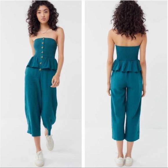 Urban Outfitters Pants - UO Linen Ruffle Peplum Jumpsuit in Teal